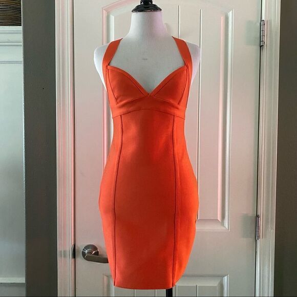 Herve Leger x Forever 21 One Shoulder Cutout Mini Dress Coral Orange NWT - Picture 3 of 16